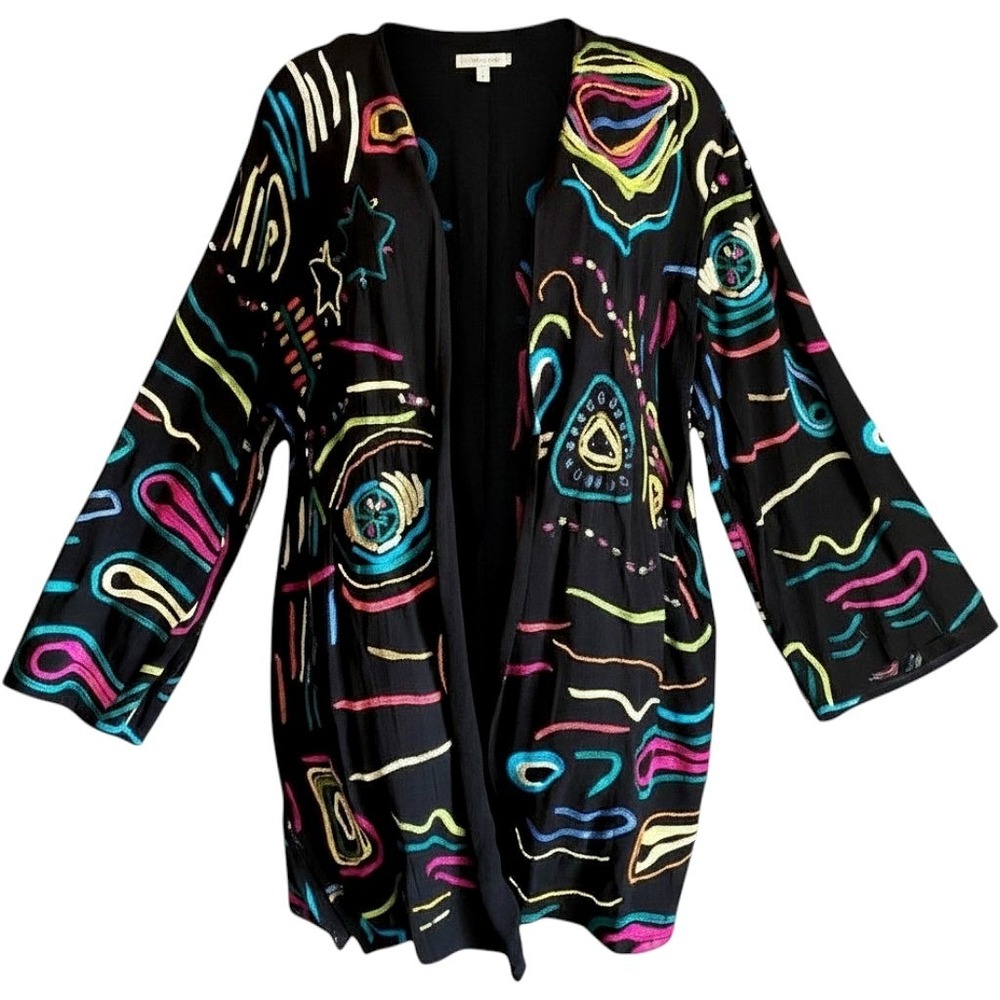 Laura Ashley Vintage Black Multicolor Embroidered Sheer Kimono Cardigan Jacket S